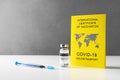 Yellow International Certificate of Vaccination, syringe, vial with vaccine on gray background. Copy space