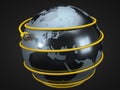 Yellow internet cable around earth. conceptual 3d illustration of ethernet cable and rj-45 plug. Royalty Free Stock Photo