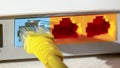 yellow internet cable in blue on the back of the network router Royalty Free Stock Photo