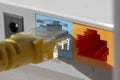 yellow internet cable in blue on the back of the network router Royalty Free Stock Photo