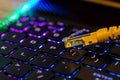 Yellow internet switch on gaming laptops RGB keyboard, glowing optical fibres