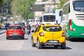 Yellow istanbul taxi in the middle of a traffic highway in istanbul,