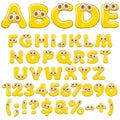 Yellow jelly alphabet, letters, numbers and characters with eyes. Isolated colored vector objects.