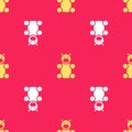 Yellow Jelly bear candy icon isolated seamless pattern on red background. Vector