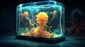 Yellow jellyfish underwater in a glass block against dark background. Aquarium with jellyfish Royalty Free Stock Photo