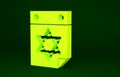 Yellow Jewish calendar with star of david icon isolated on green background. Hanukkah calendar day. Minimalism concept