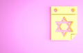 Yellow Jewish calendar with star of david icon isolated on pink background. Hanukkah calendar day. Minimalism concept