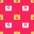 Yellow Jewish calendar with star of david icon isolated seamless pattern on red background. Hanukkah calendar day