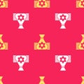 Yellow Jewish money bag with star of david icon isolated seamless pattern on red background. Currency symbol. Vector
