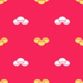 Yellow Jewish sweet bakery icon isolated seamless pattern on red background. Hanukkah sufganiyot. Jewish easter cake