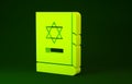 Yellow Jewish torah book icon isolated on green background. On the cover of the Bible is the image of the Star of David