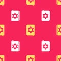 Yellow Jewish torah book icon isolated seamless pattern on red background. Pentateuch of Moses. On the cover of the