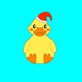 Yellow kawaii duck in Christmas red hat on blue background.