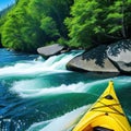 in yellow kayak on river surrounded by trees and rock wall with backpack