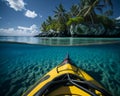 A yellow kayak is in the water near an island