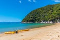 Yellow kayaks at Onetahuti beach at Abel Tasman national park in New Zealand