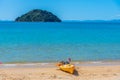 Yellow kayaks at Onetahuti beach at Abel Tasman national park in New Zealand