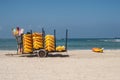 Yellow kayaks in a trailer on thea seashore, Israel, Caesarea