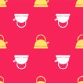 Yellow Kettle with handle icon isolated seamless pattern on red background. Teapot icon. Vector Royalty Free Stock Photo