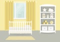 Yellow kid`s room for a newborn baby. Bedroom interior for a small child. There is a cot, a wardrobe with toys and other things o