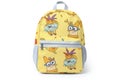 yellow kids backpack with cartoon motifs, front view, white space