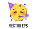 Yellow kissing mouth flat icon with red cheek face, party hat and confetti