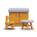 Yellow kitchen cabinet, wooden fullback chair, round stool