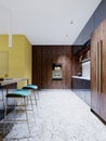 Yellow kitchen interior with a large round mirror on the wall and contemporary furniture made of wooden and steel furniture
