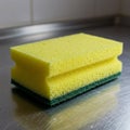 A yellow kitchen sponge with a green scrubber layer rests on a stainless steel surface. Royalty Free Stock Photo
