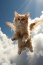 yellow kitten with wings flying in heaven among clouds and golden light