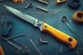 A yellow knife is on a table with other tools Royalty Free Stock Photo