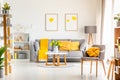 Yellow knot pillow on grey armchair in modern living room interior with posters above couch. Real photo Royalty Free Stock Photo