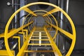 Yellow ladder in an old factory, inside thermal power plant, aluminium pipe, industrial interior, factory, stepladder,