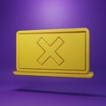 Yellow Laptop and cross mark on screen icon isolated on purple background. Error window, exit button, cancel, 404 error Royalty Free Stock Photo