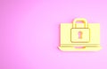 Yellow Laptop and lock icon isolated on pink background. Computer and padlock. Security, safety, protection concept