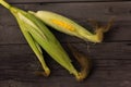 Yellow large corn in an open-mown cob on a dark wooden background Royalty Free Stock Photo