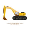 Yellow large modern excavator with brown cab and bucket. Digging ditches