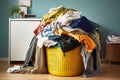 A Yellow Laundry Basket Filled With Clothes In A Room