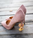 Yellow leaf with high heels. The concept of autumn Royalty Free Stock Photo