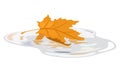 Yellow leaf of maple floating in water puddle. Fall season, wet weather, senescent nature. Royalty Free Stock Photo