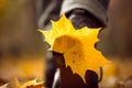 Yellow leaf stuck to the women`s shoe during a walk through the autumn forest. Royalty Free Stock Photo