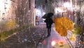 Yellow leaves and  rain drops on wet  window glass ,Rainy weather, pedestrian with umbrella ,  bokeh bluured night city light  ,Au Royalty Free Stock Photo