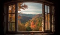 Yellow leaves on trees, autumn forest seen through window generated by AI Royalty Free Stock Photo