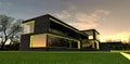 Yellow LED illumination of the contemporary villa at night. The stars are visible inthe sky in spite of the soon sunrise