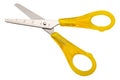 Yellow left-handed scissors, with a metric scale for measuring, from zero to five centimeters, on a white background