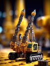 Yellow lego crane is sitting on top of pile of lego bricks