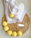 Yellow lemon bath bombs. Home spa concept. Homemade skincare, relaxing bath Royalty Free Stock Photo