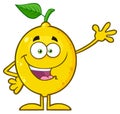 Yellow Lemon Fresh Fruit With Green Leaf Cartoon Mascot Character Waving