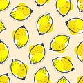 Yellow Lemon fruit hand drawn sketch seamless pattern. Bright fruit. Outline vector illustration. Frash citrus fruit backdrop for