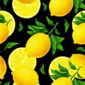 Yellow lemon fruits on a branch with green leaves on a black background. Watercolor drawing seamless pattern for textile print